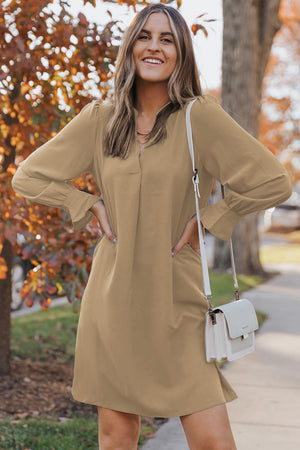 Long Puff Sleeve Notched Neck Dress-Mope's Closet