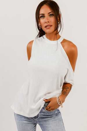 Ribbed Zip-Back Cold-Shoulder Top-Mope's Closet