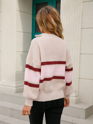 Striped Quarter-Zip Lantern Sleeve Sweater-Mope's Closet