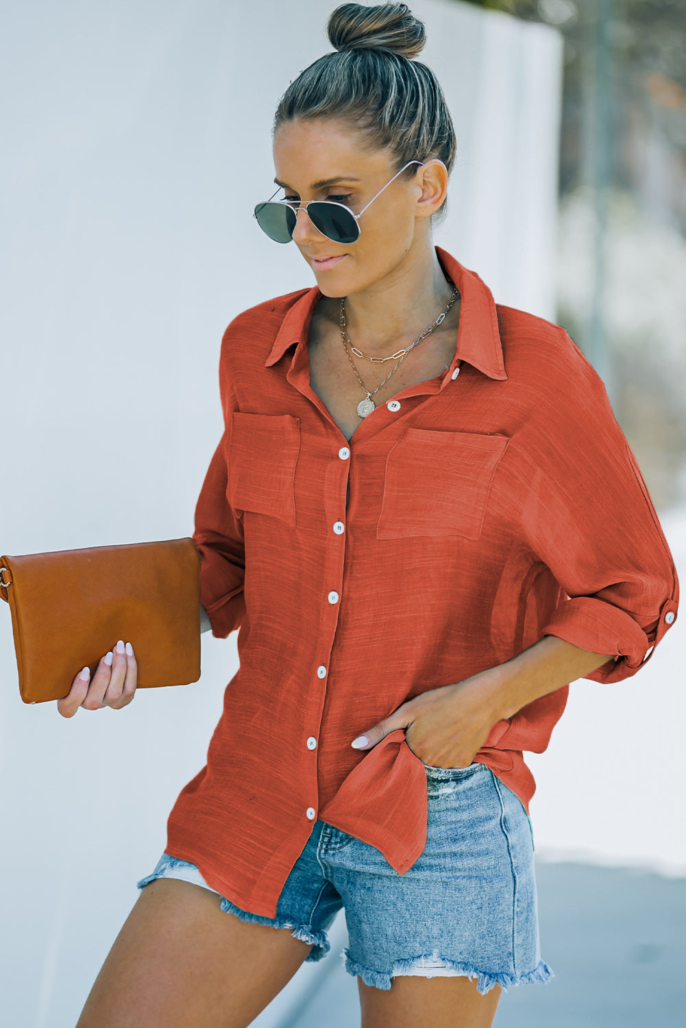 Button-Up Shirt with Breast Pockets-Mope's Closet