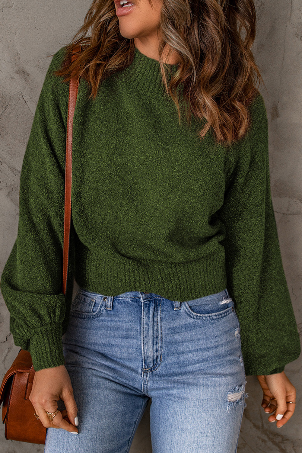 Ribbed Trim Balloon Sleeve Sweater-Mope's Closet