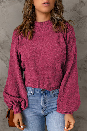 Ribbed Trim Balloon Sleeve Sweater-Mope's Closet