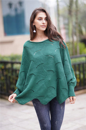 Openwork Boat Neck Sweater with Scalloped Hem-Mope's Closet