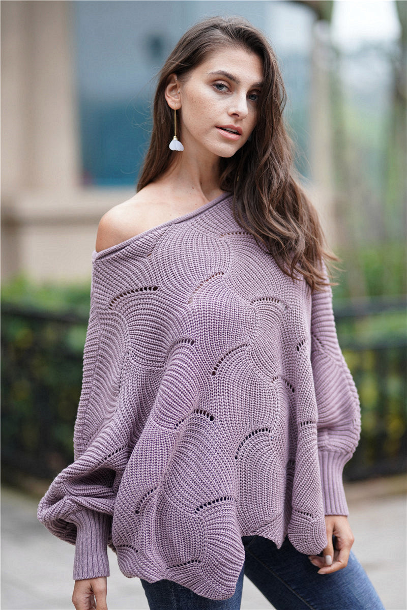 Openwork Boat Neck Sweater with Scalloped Hem-Mope's Closet