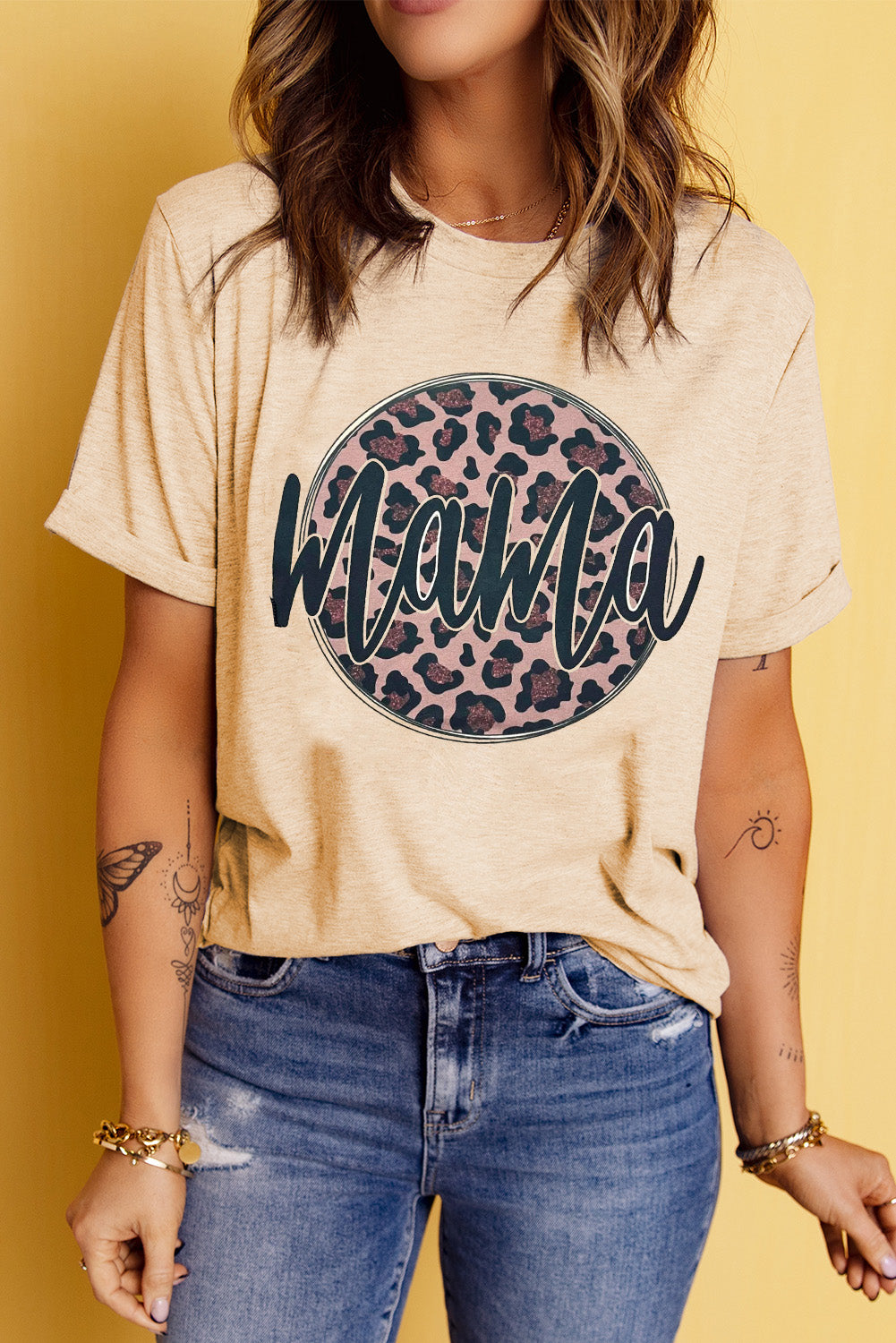 MAMA Leopard Graphic Round Neck Tee-Mope's Closet