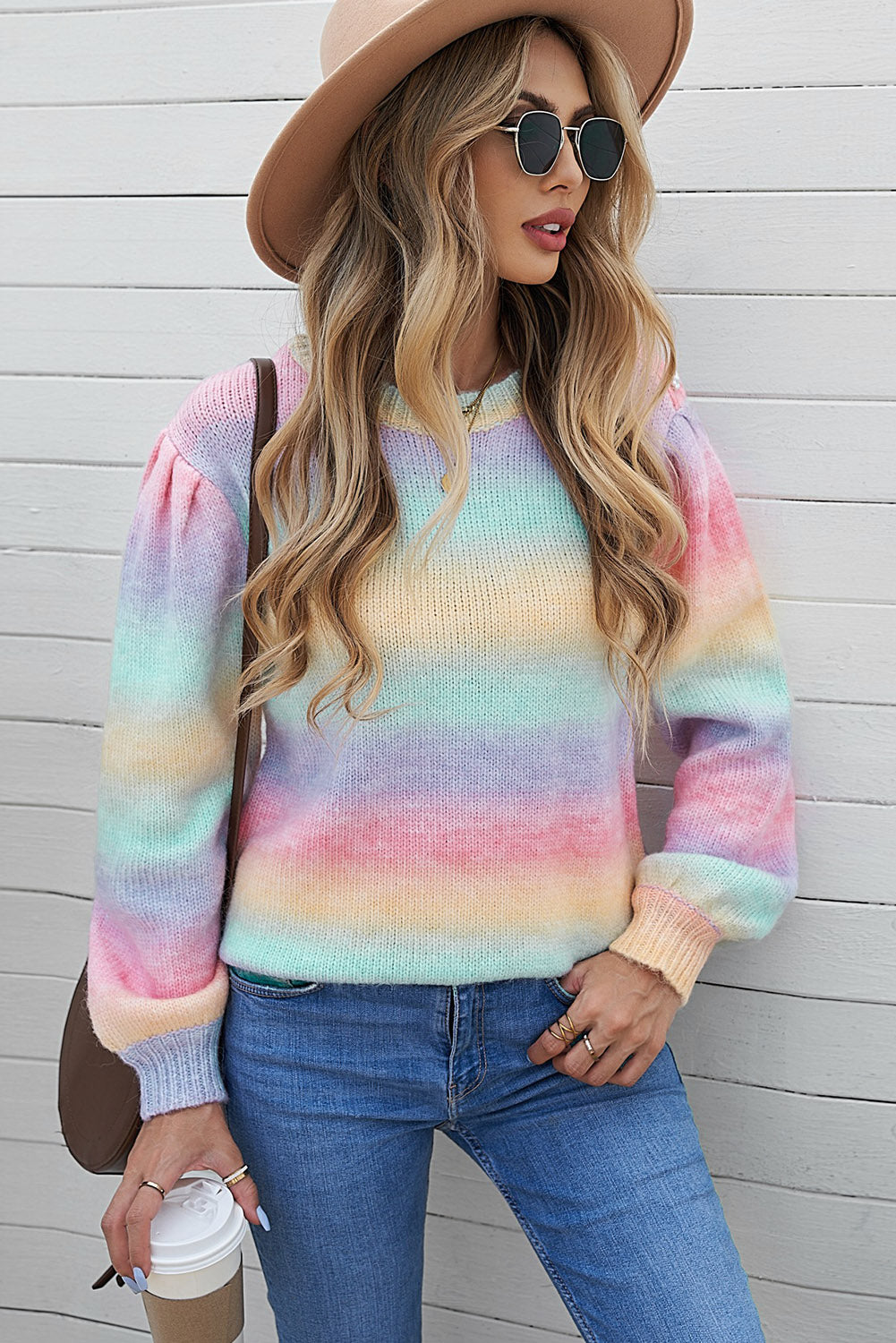 Gradient Stripes Bishop Sleeve Sweater-Mope's Closet