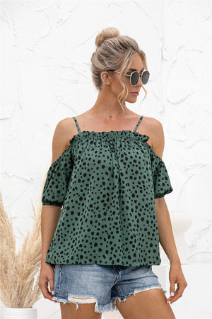 Printed Cold-Shoulder Frill Trim Blouse-Mope's Closet