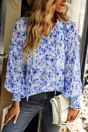 Floral Tie Neck Lantern Sleeve Blouse-Mope's Closet