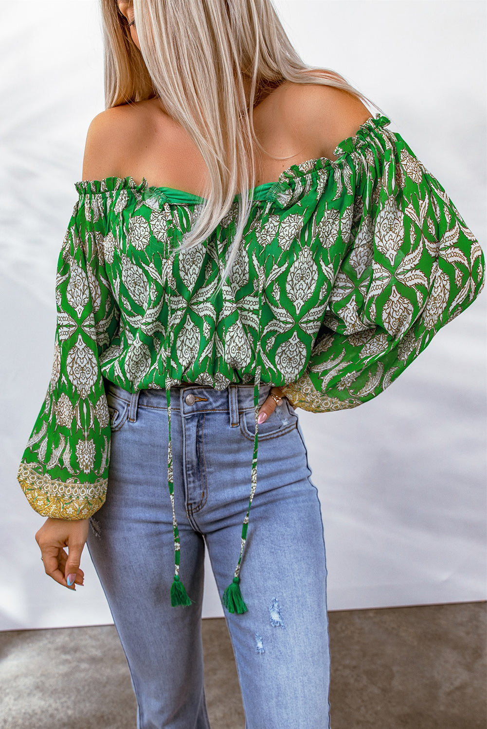 Printed Tassel Tie Balloon Sleeve Blouse-Mope's Closet