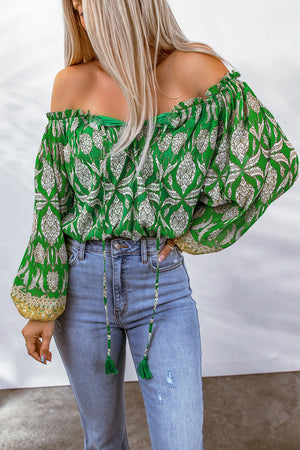 Printed Tassel Tie Balloon Sleeve Blouse-Mope's Closet