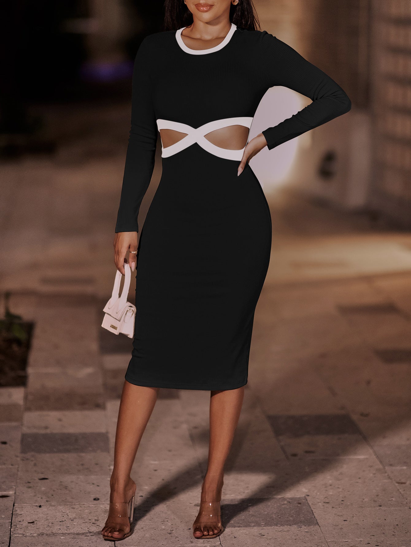 Contrast Cutout Ribbed Bodycon Dress-Mope's Closet