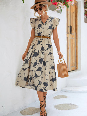 Floral Frill Trim V-Neck Tiered Midi Dress-Mope's Closet