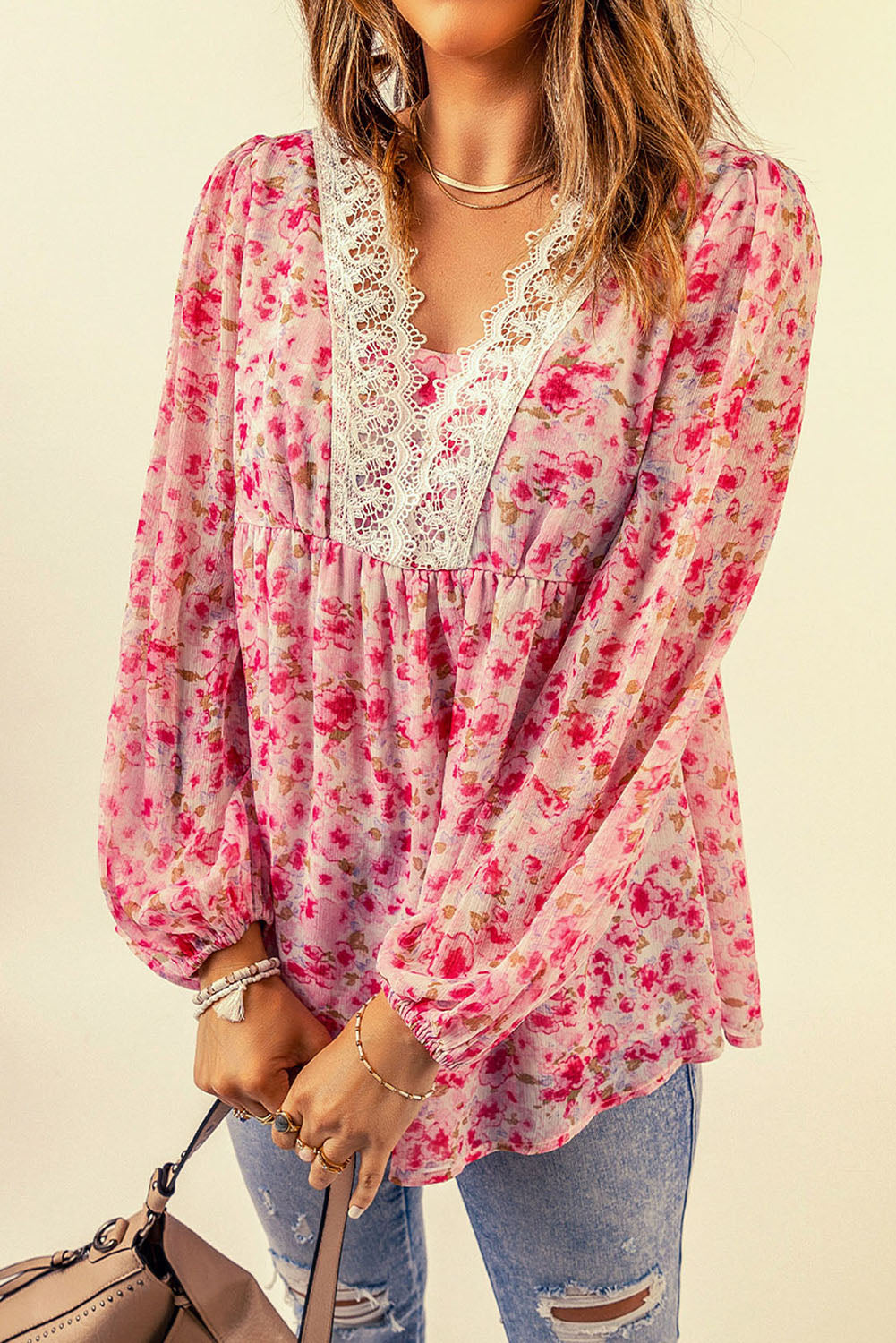 Floral Lace Trim Balloon Sleeve Blouse-Mope's Closet