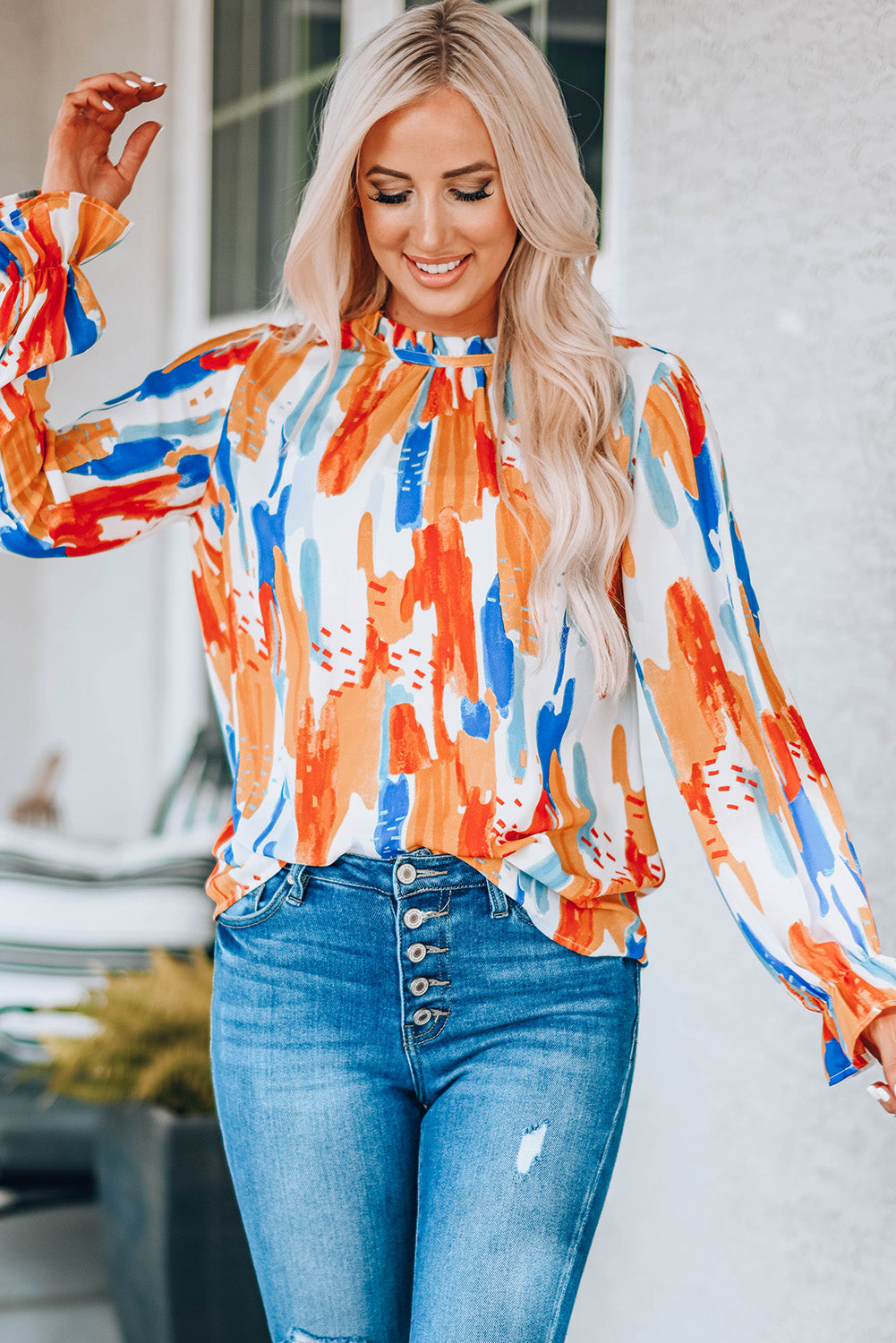 Paint Print Ruffle Collar Flounce Sleeve Top-Mope's Closet