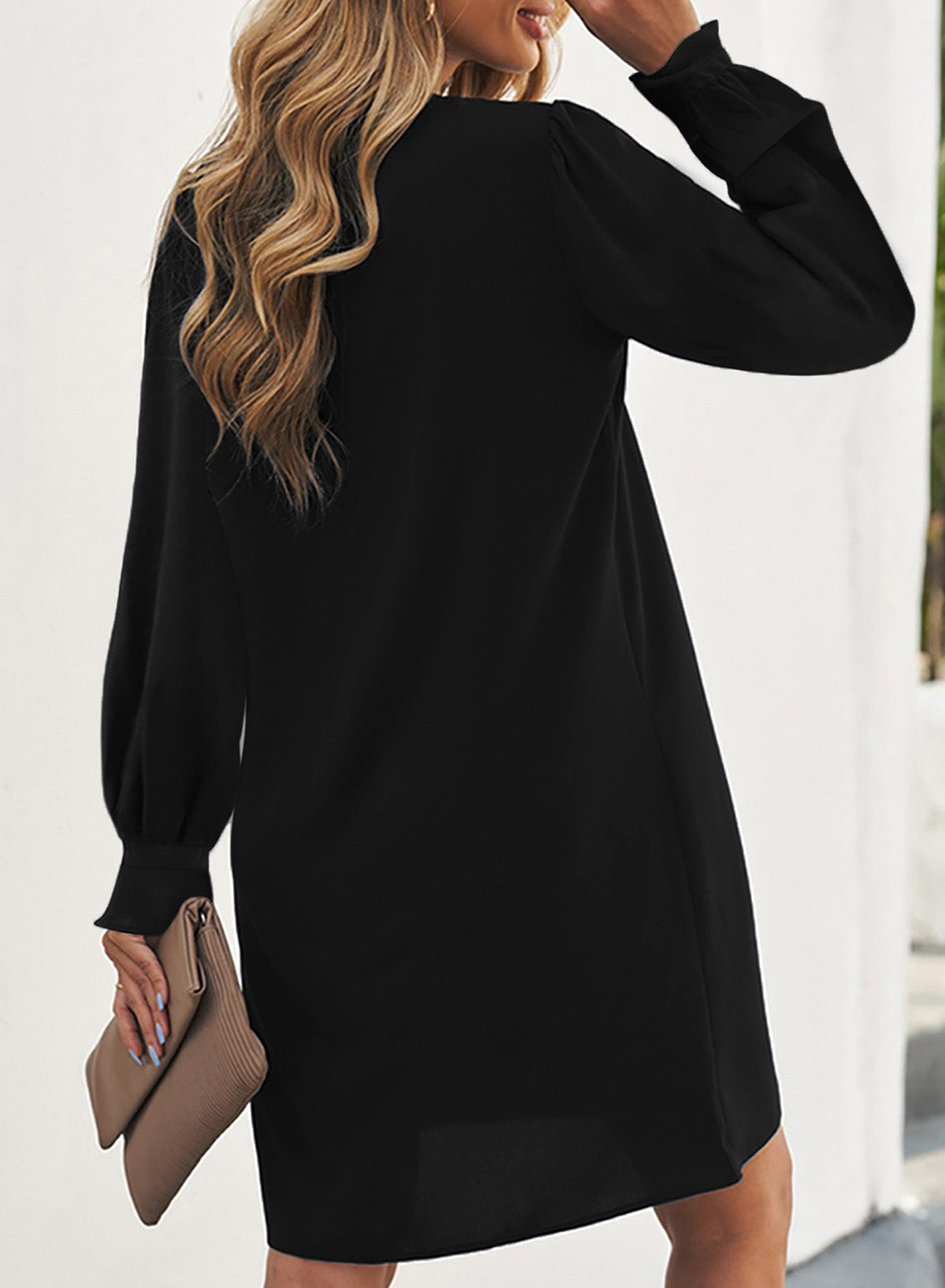 Long Puff Sleeve Notched Neck Dress-Mope's Closet