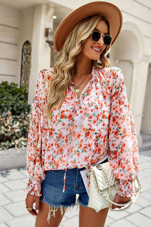 Floral Tie Neck Lantern Sleeve Blouse-Mope's Closet