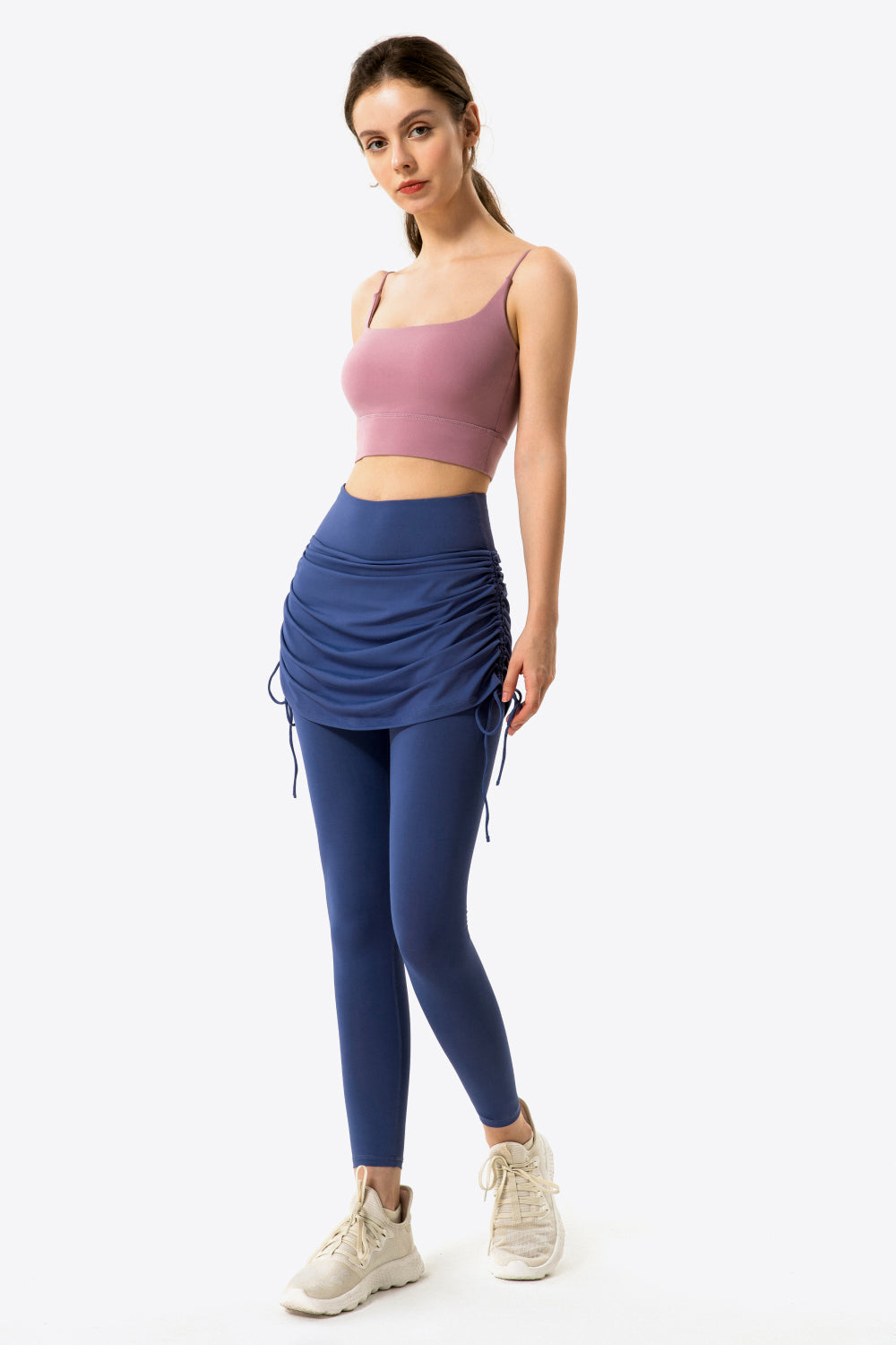 Drawstring Ruched Faux Layered Yoga Leggings-Mope's Closet