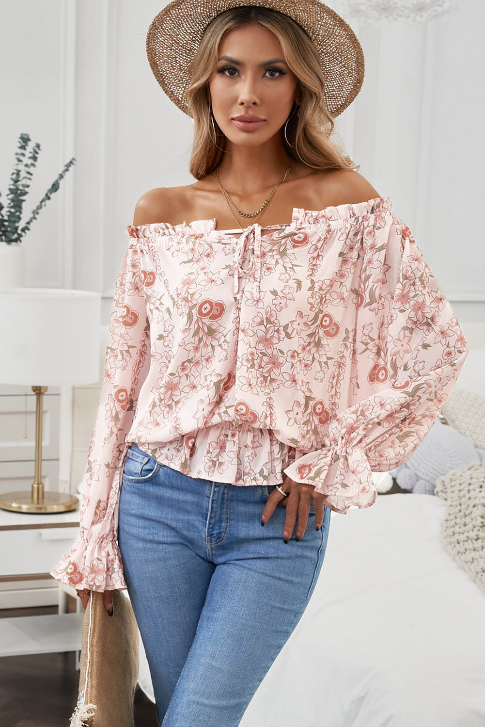 Floral Flounce Sleeve Frilled Off-Shoulder Blouse-Mope's Closet