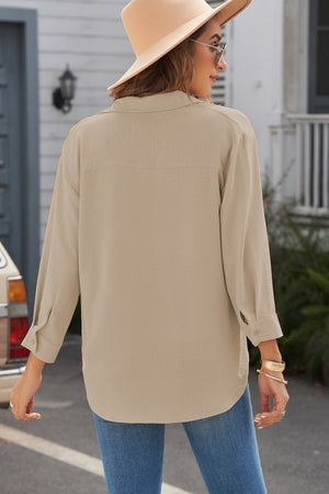 Textured Johnny Collar Three-Quarter Sleeve Blouse-Mope's Closet