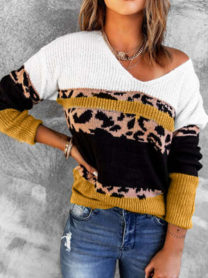 Leopard Color Block V-Neck Rib-Knit Sweater-Mope's Closet