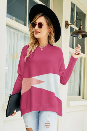 Color Block Round Neck Side Slit Sweater-Mope's Closet