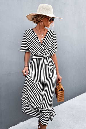 Striped Tie Belt Midi Dress-Mope's Closet