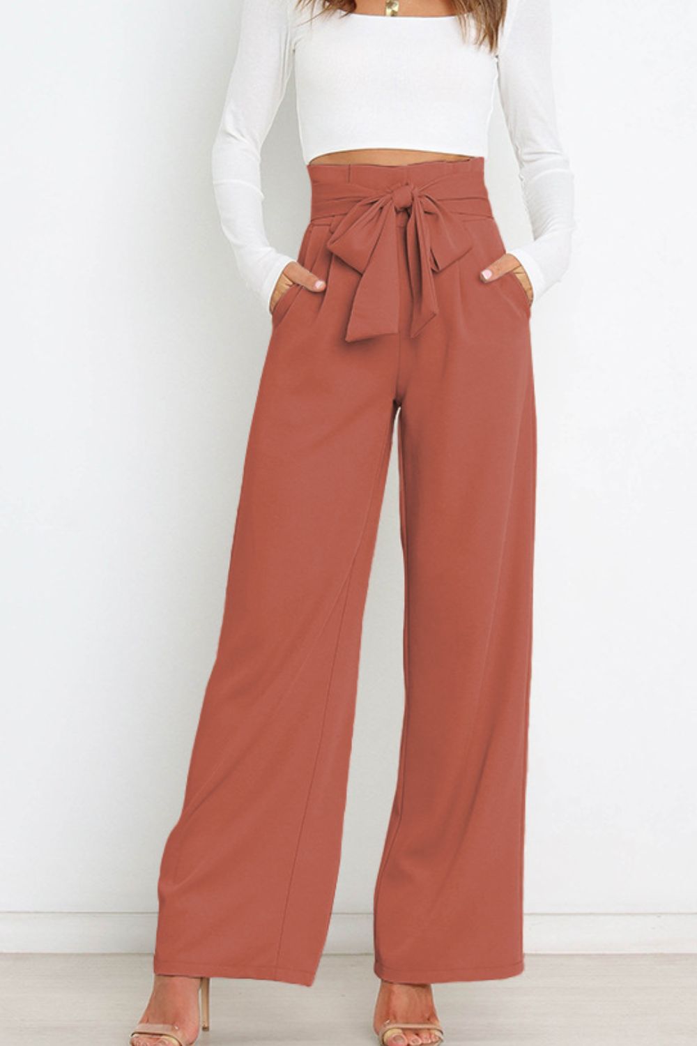 Tie Front Paperbag Wide Leg Pants-Mope's Closet