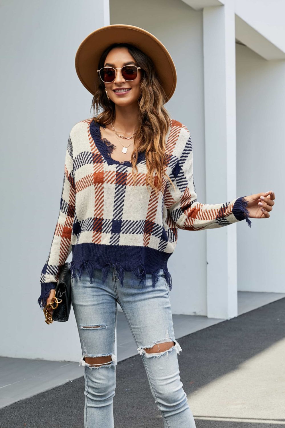 Plaid Distressed Drop Shoulder Sweater-Mope's Closet