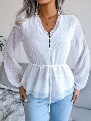 Swiss Dot Frill Trim Drawstring Waist Peplum Blouse-Mope's Closet