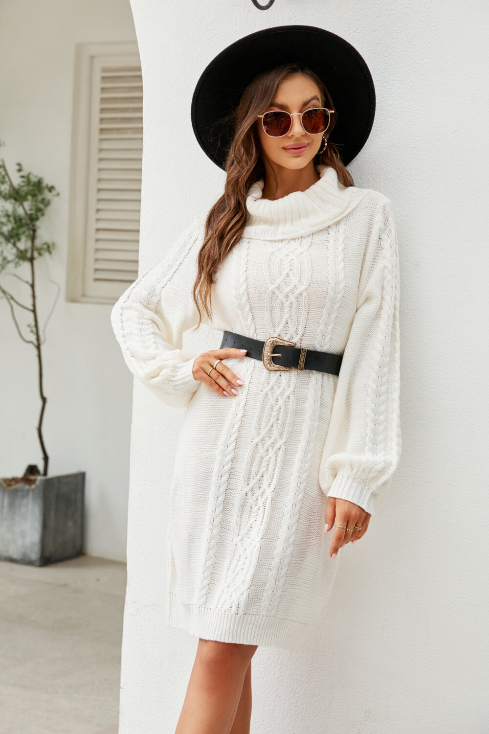 Mixed Knit Turtleneck Lantern Sleeve Sweater Dress-Mope's Closet