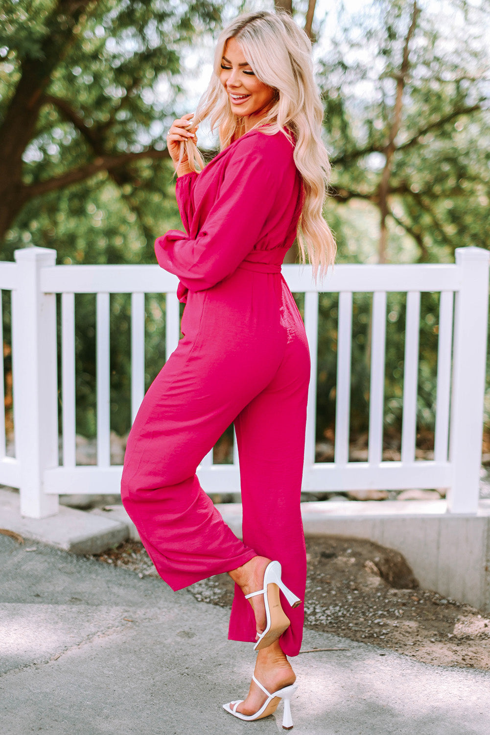 Belted V-Neck Wide Leg Jumpsuit-Mope's Closet