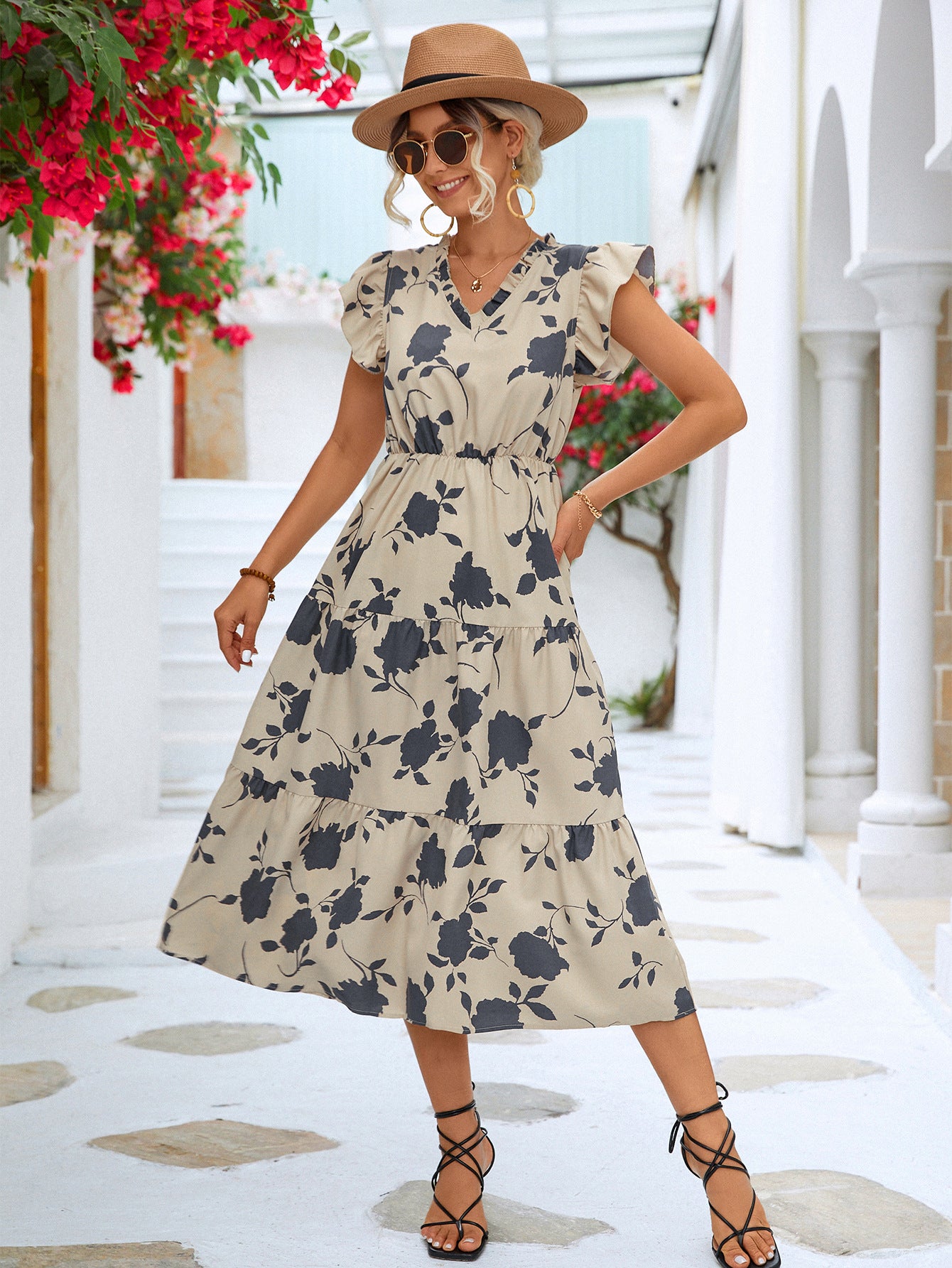 Floral Frill Trim V-Neck Tiered Midi Dress-Mope's Closet