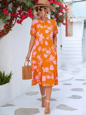 Floral Puff Sleeve Ruffle Hem Midi Dress-Mope's Closet