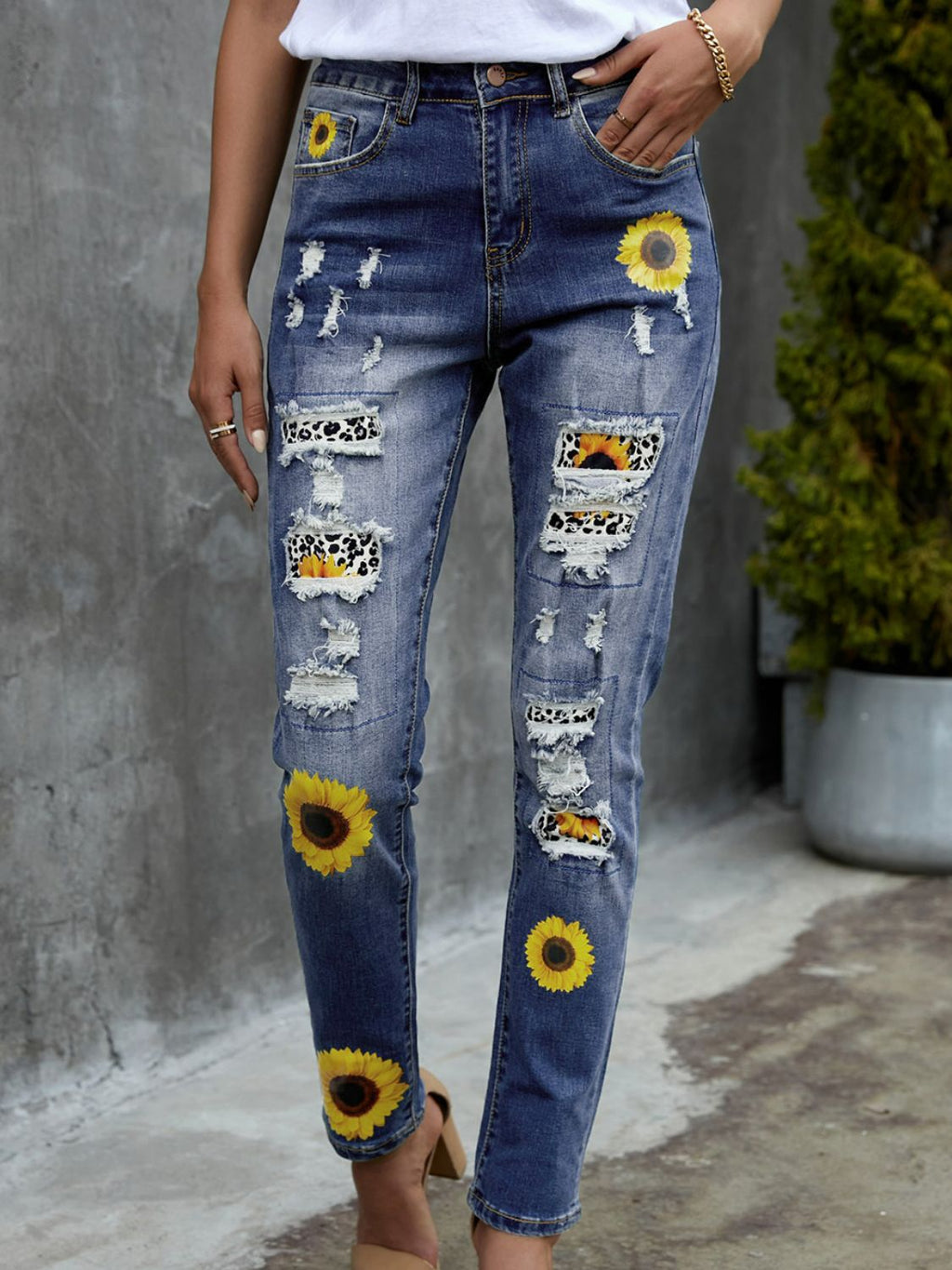 Leopard Patchwork Sunflower Print Distressed High Waist Jeans-Mope's Closet