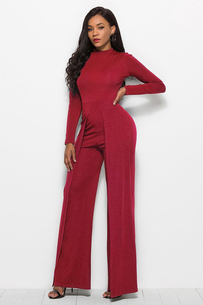 Long Sleeve Mock Neck Wide Leg Jumpsuit-Mope's Closet