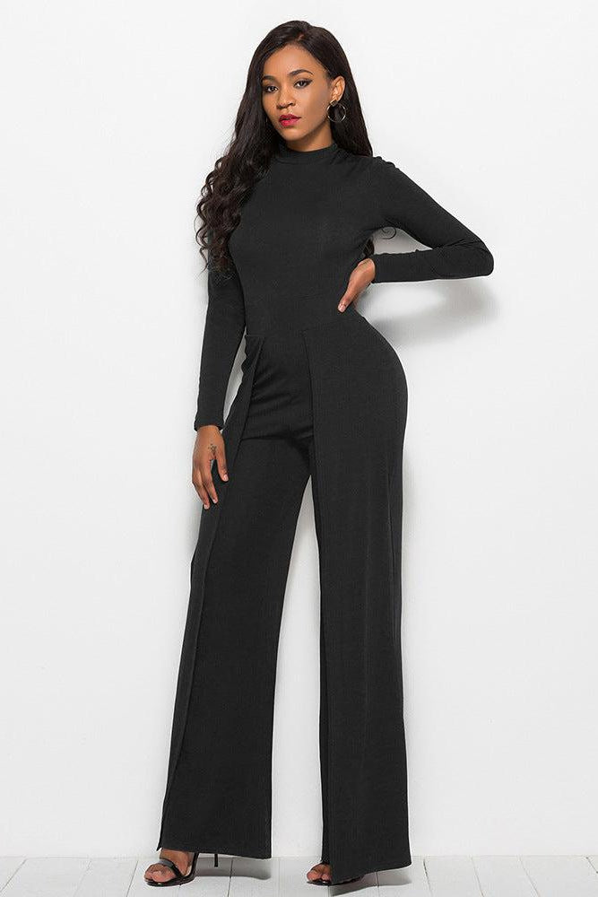 Long Sleeve Mock Neck Wide Leg Jumpsuit-Mope's Closet