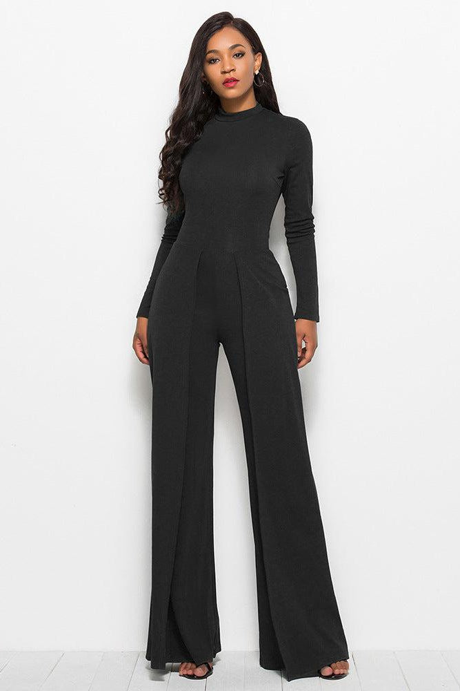 Long Sleeve Mock Neck Wide Leg Jumpsuit-Mope's Closet