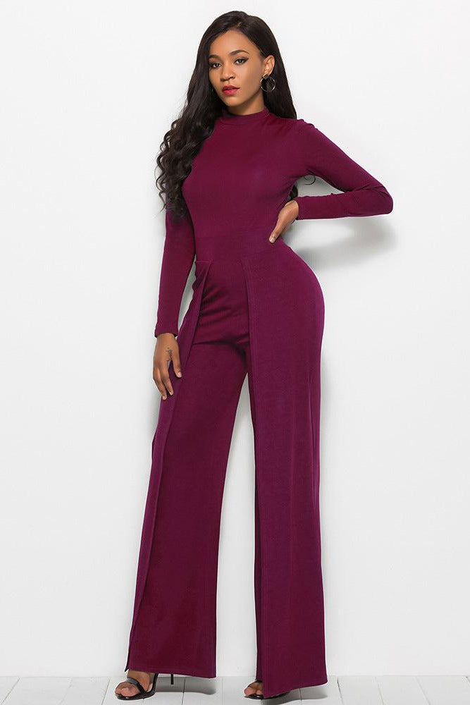 Long Sleeve Mock Neck Wide Leg Jumpsuit-Mope's Closet