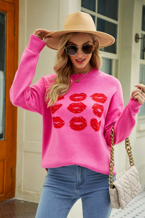 Lip Graphic Slit Dropped Shoulder Sweater-Mope's Closet