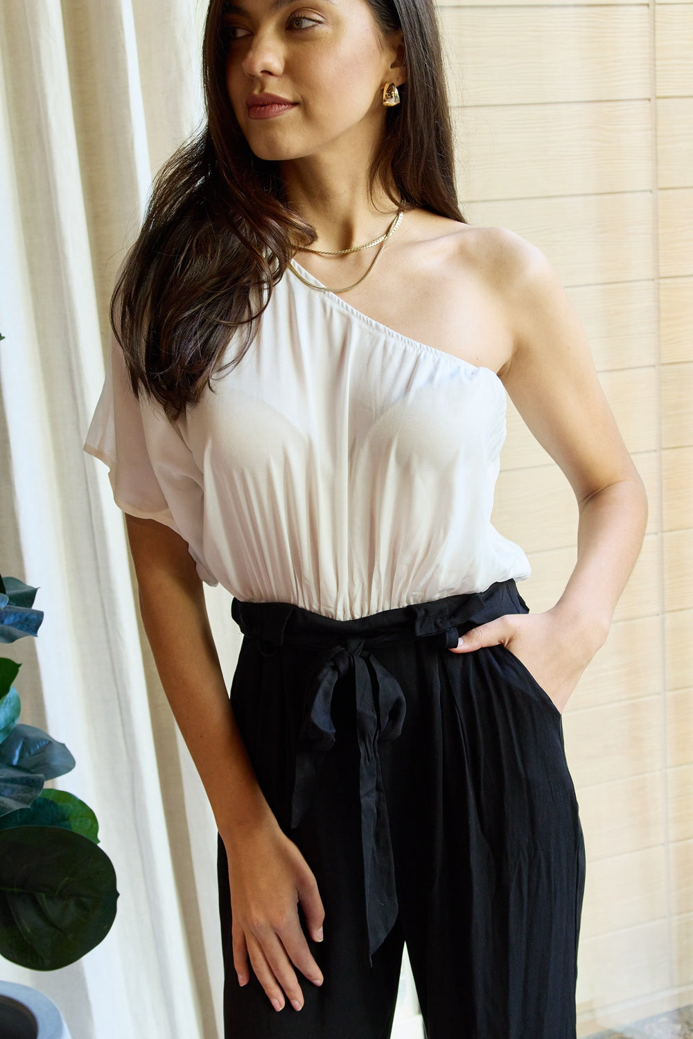 Dress Day Marvelous in Manhattan One-Shoulder Jumpsuit in White/Black-Mope's Closet