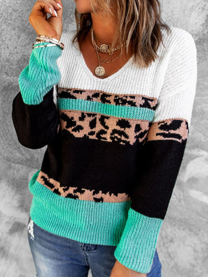 Leopard Color Block V-Neck Rib-Knit Sweater-Mope's Closet