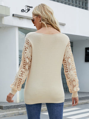 Lace Sleeve Ribbed Trim V-Neck Sweater-Mope's Closet