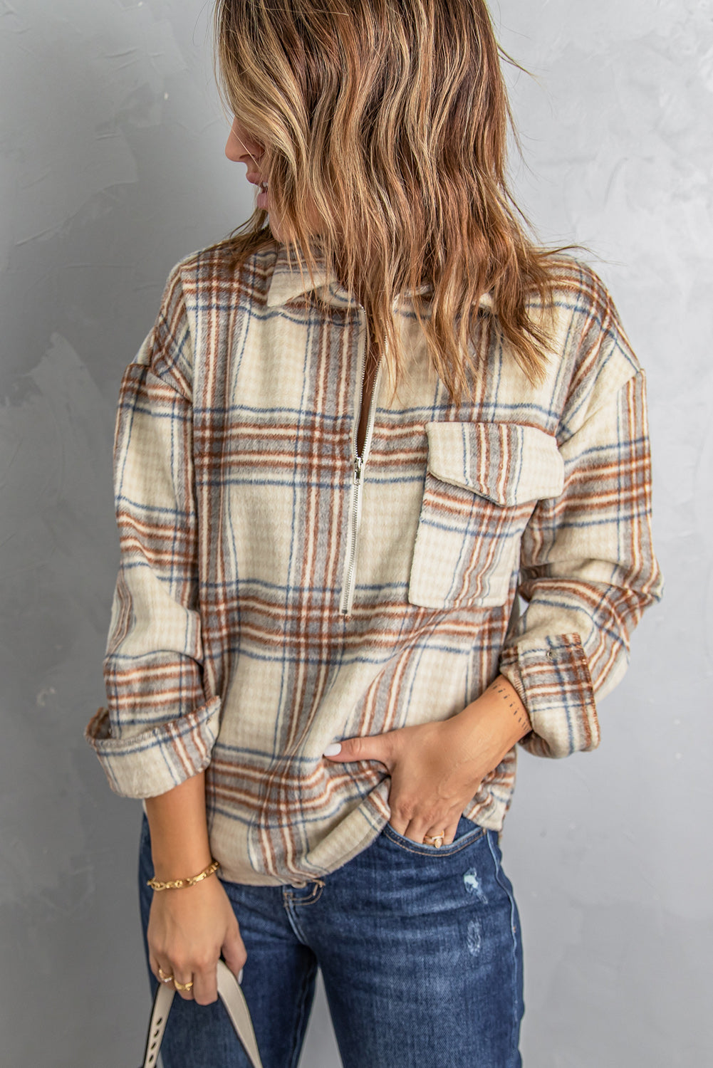 Plaid Half-Zip Collared Curved Hem Sweatshirt-Mope's Closet