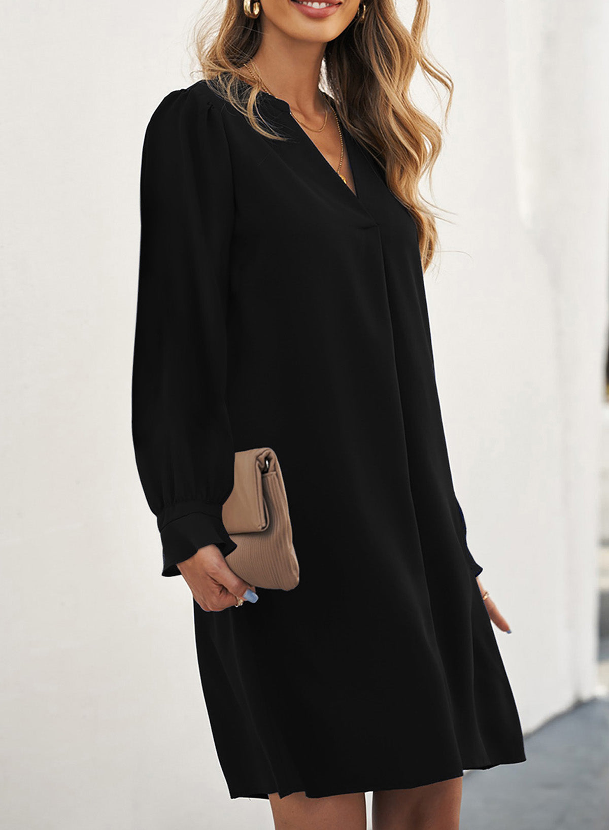 Long Puff Sleeve Notched Neck Dress-Mope's Closet