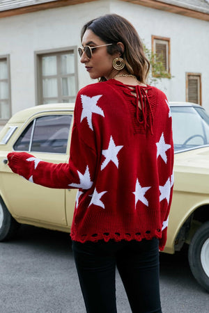 Star Pattern Lace-Up Drop Shoulder Sweater-Mope's Closet