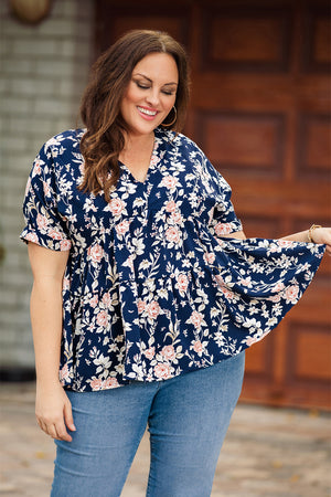 Floral V-Neck Tied Babydoll Blouse-Mope's Closet