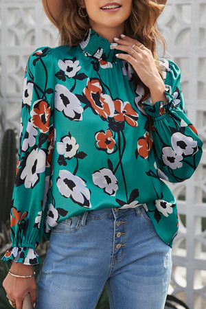 Floral Smocked Mock Neck Flounce Sleeve Blouse-Mope's Closet