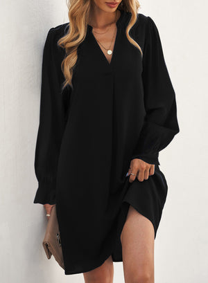 Long Puff Sleeve Notched Neck Dress-Mope's Closet