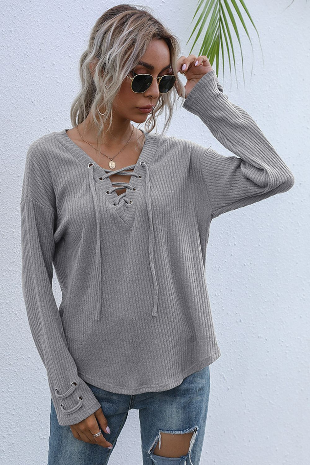 Lace-Up V-Neck Ribbed Top-Mope's Closet