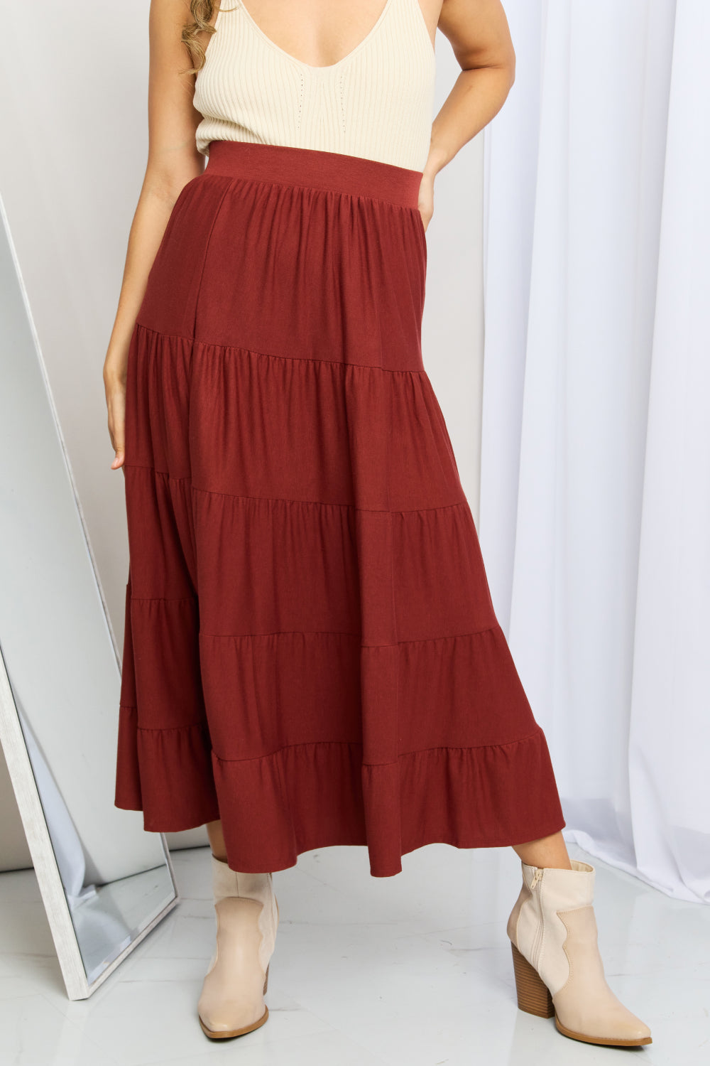 Zenana Wide Waistband Tiered Midi Skirt-Mope's Closet